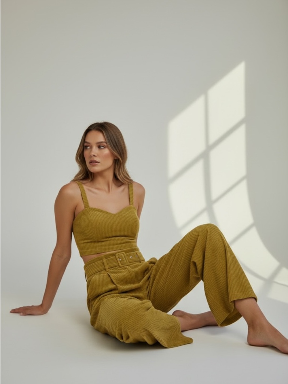 Honey Punch Olive Green Ribbed Wide Leg Pants with Belt - Picture 2 of 5